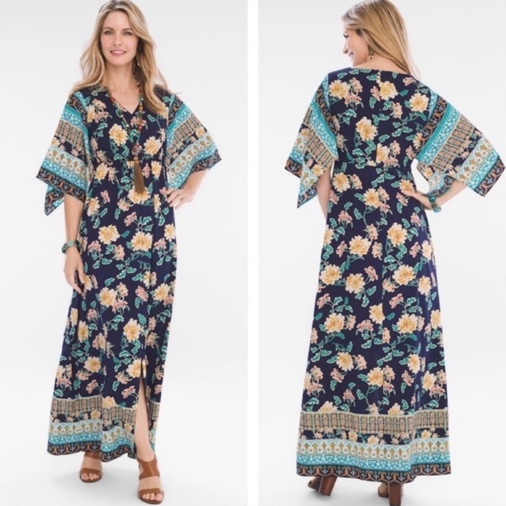 Chico's Floral Print Maxi Kimono Caftan Dress Blue/Yellow Boho Size 1.5P 10P M